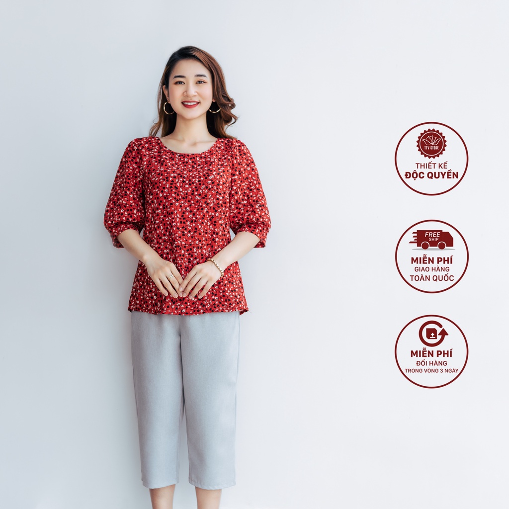 Áo voan hoa trung niên thiết kế cổ tròn tay lỡ màu đỏ hoa nhí TTV1022