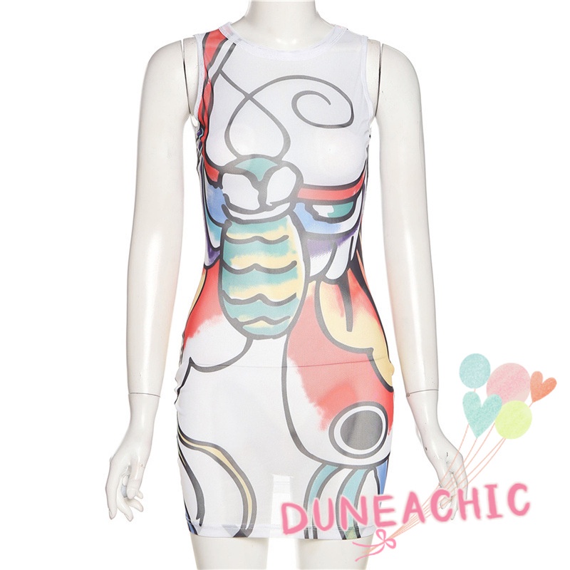 Đầm Sát Nách Cổ Tròn Phối Lưới In Họa Tiết Quyến Rũ Cho Nữ