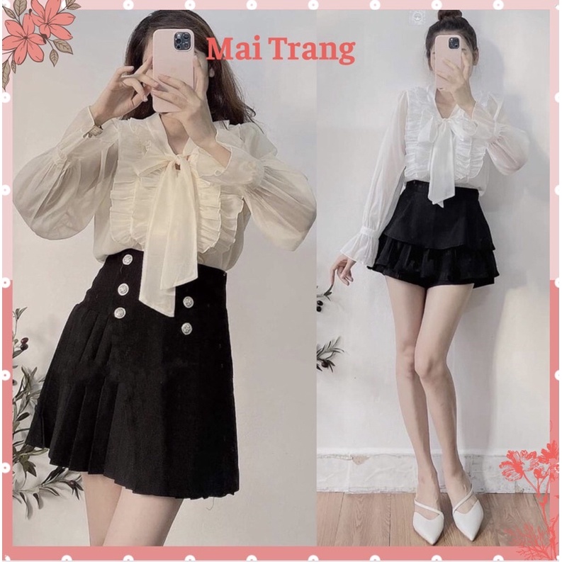 Áo sơ mi nữ kiểu phối nơ và bèo nhún chất voan 2 lớp mềm mịn công sở siêu xinh – (TTA37)