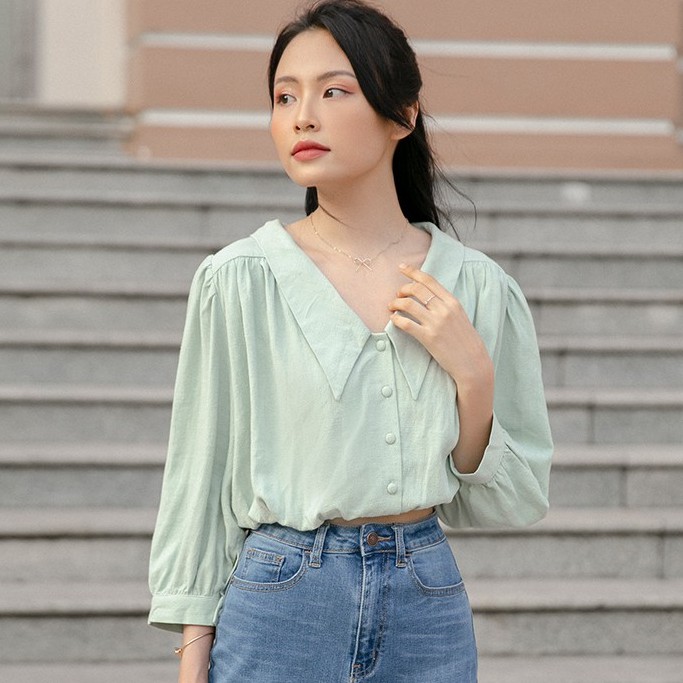Áo kiểu MIEU cổ lá sen nút bọc - GA12