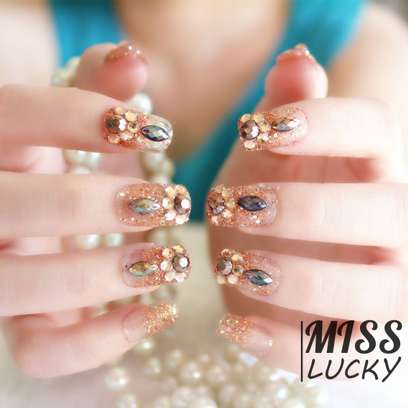 Set 24 móng tay giả đính đá nhân tạo vàng kim lấp lánh thời trang cho nữ