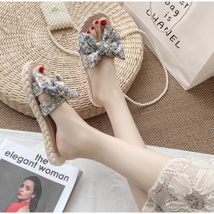 Dép nơ giả cói cut-out họa tiết hoa vintage đi biển chống trơn trượt, mang êm, nhẹ, bền