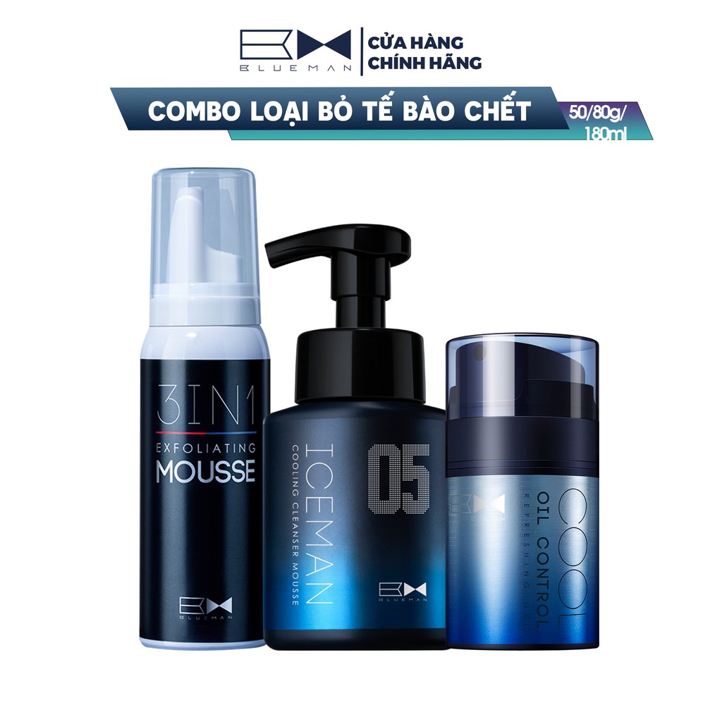 Combo Gel Kiểm Soát Dầu Nhờn BLUEMAN + Tẩy Tế Bào Chết + Sữa Rửa Mặt Iceman 50g+80g+180ml