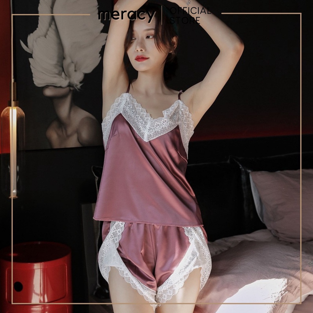 Đồ bộ ngủ 2 dây lụa satin nữ MERACY bộ đồ ngủ hai dây lụa satin phối viền ren sexy M07-BC