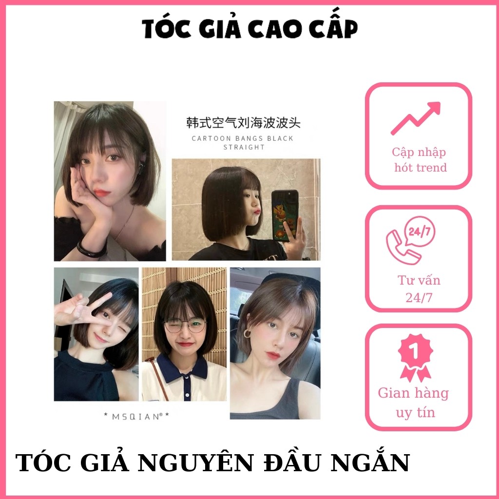 Tóc giả nữ nguyên đầu ngắn, làm bằng sợi tơ cao cấp, tặng kèm lưới trùm tóc giả, mã cc60