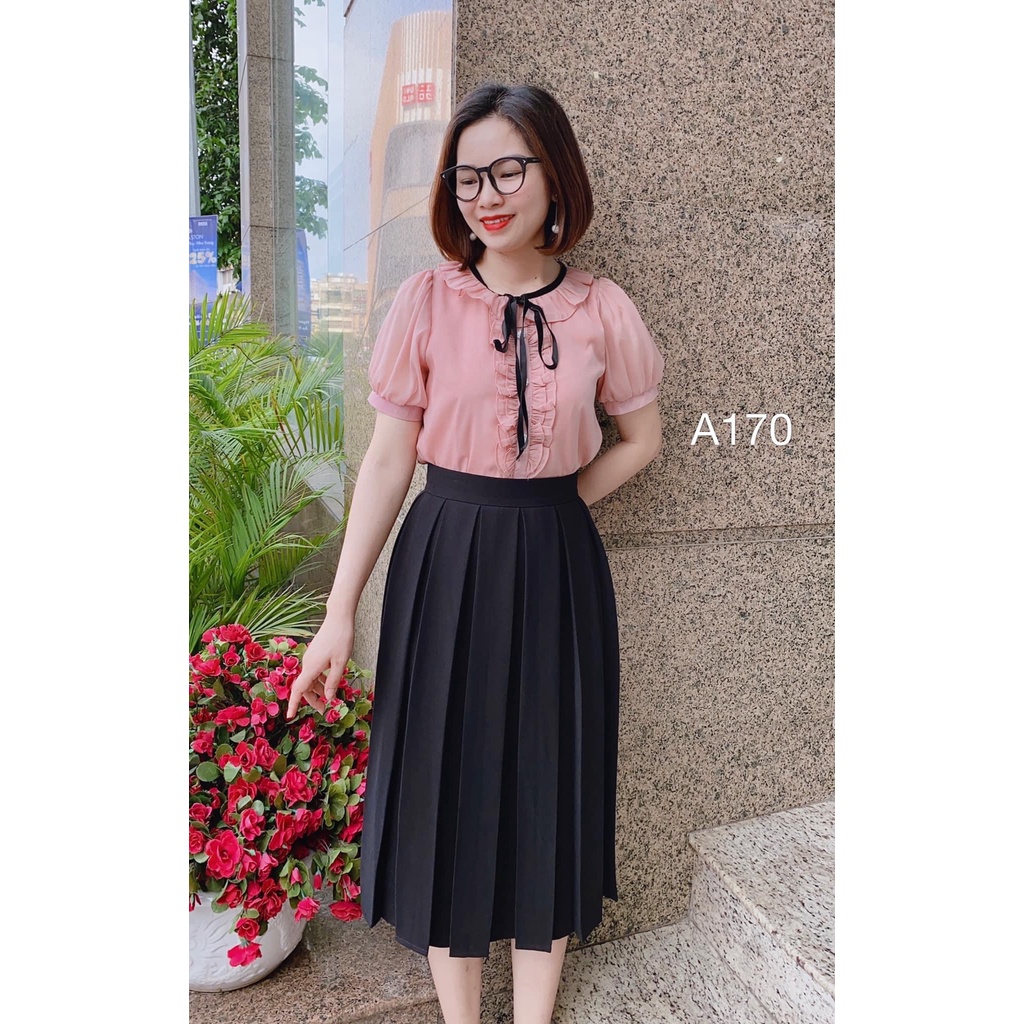 Áo sơ mi nữ công sở - áo sơ mi tơ óng cổ trụ viền bèo cúc đính đá nơ nhung 089