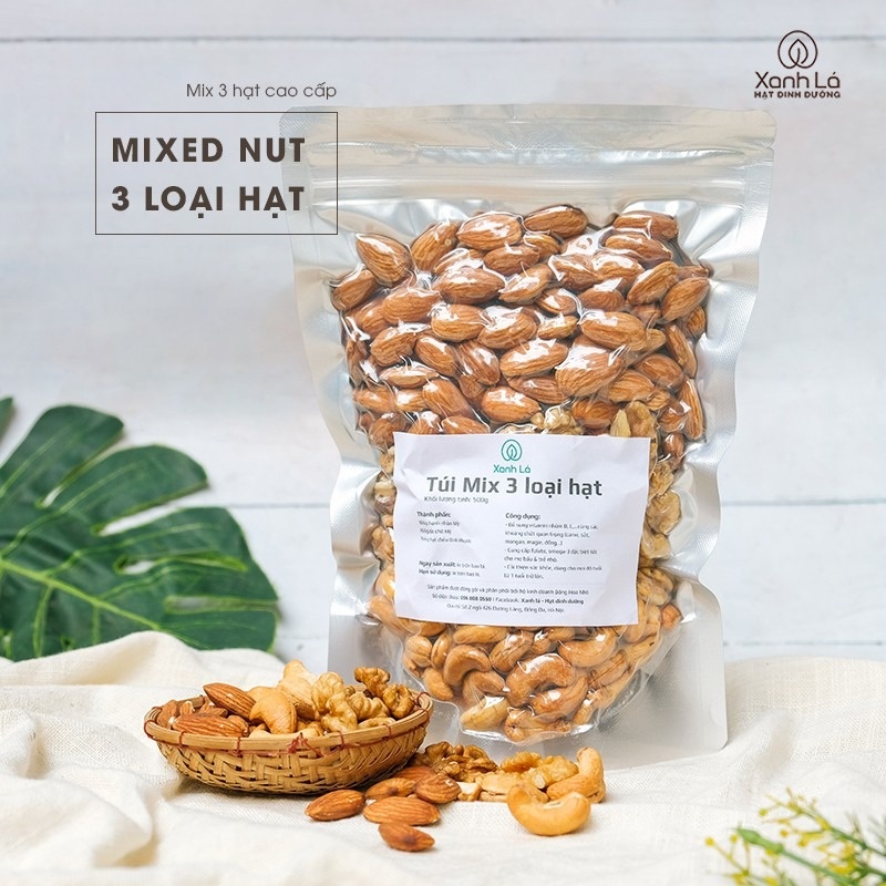 500gr-1kg Hạt dinh dưỡng mix 3 siêu hạt SẠCH, CAO CẤP Xanh Lá (óc chó, hạnh nhân, hạt điều)