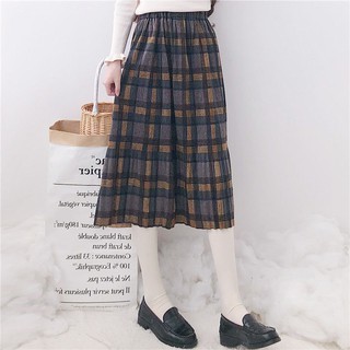 Chân Váy Len Dài Xếp Ly Họa Tiết Sọc Caro Phong Cách Retro
