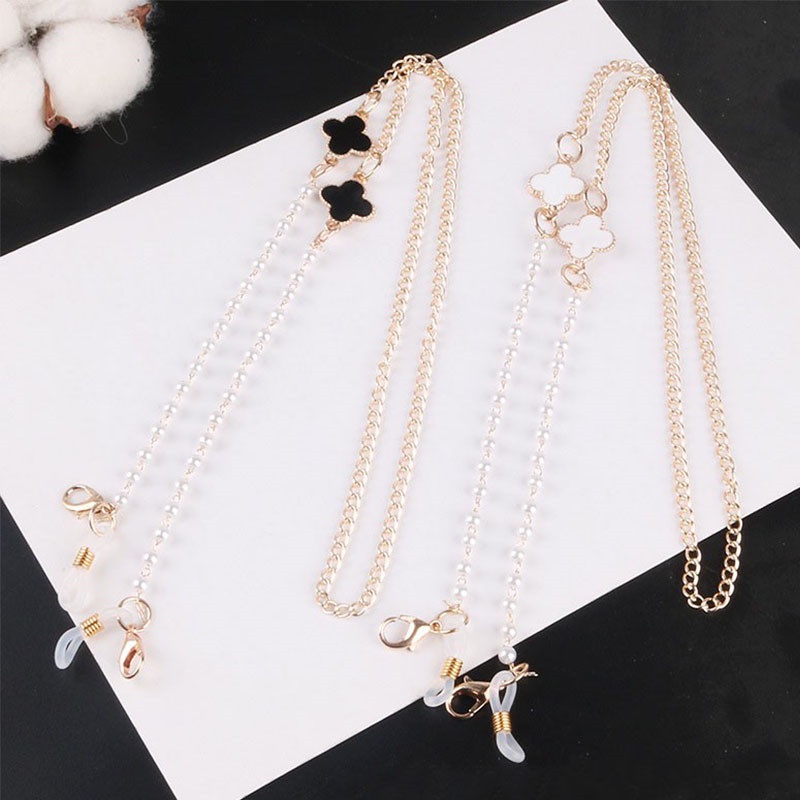 Dây đeo mắt kính đính hạt ngọc trai và cỏ bốn lá xinh xắn cho nữ
