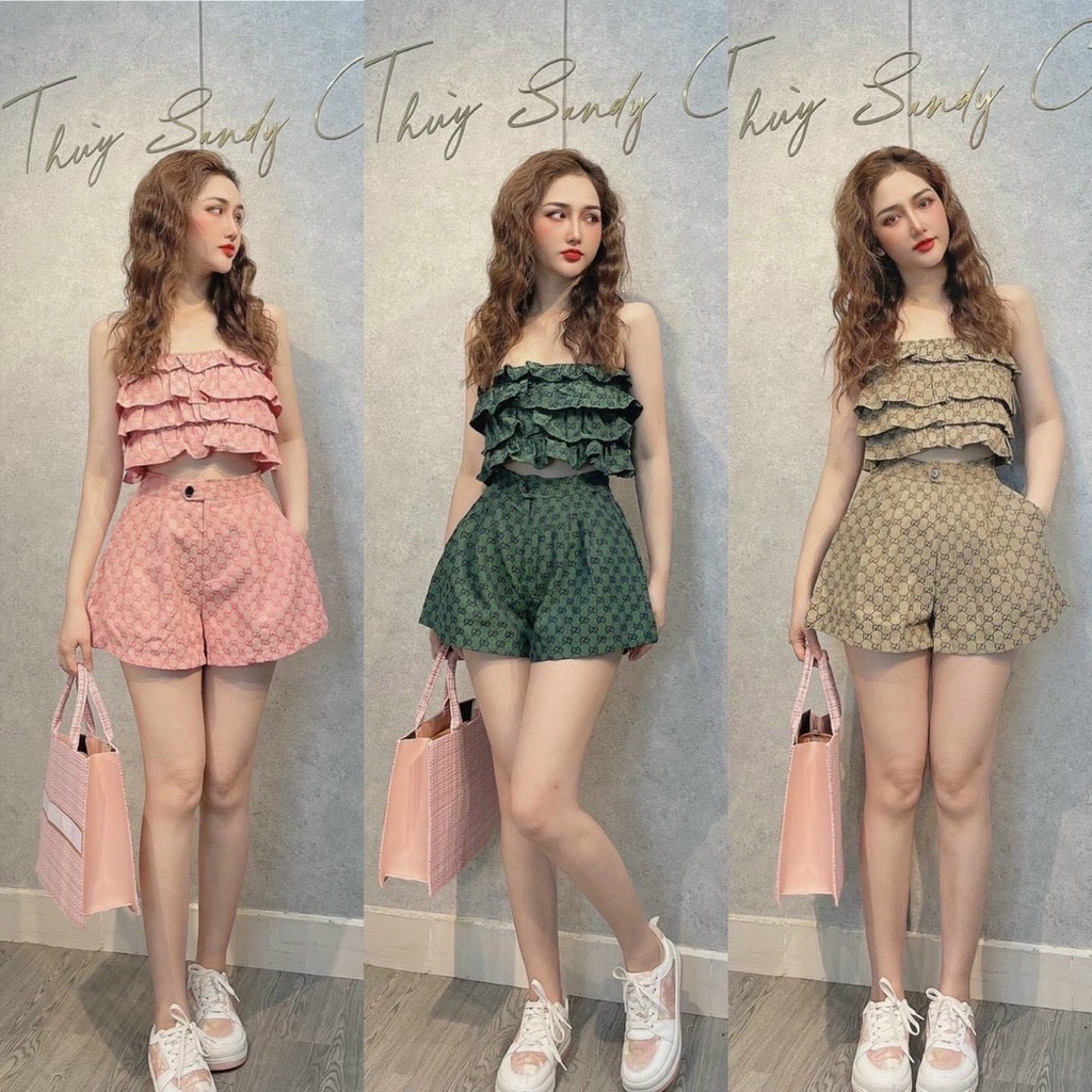 [10.10 Sales Freeship] Set bộ đùi nữ in họa tiết kaki, set áo bèo tầng 2 dây croptop mix quần sooc lưng cao siêu xinh dx