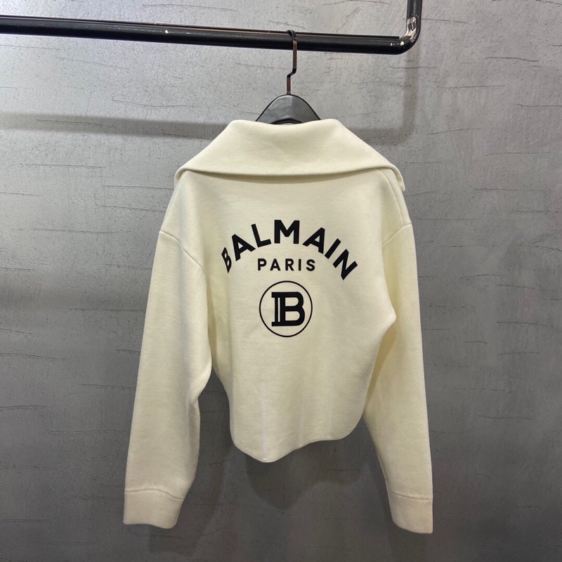 Áo khoác len nữ dáng ngắn cổ cao kéo khoá thương hiệu thời trang cao cấp Balmain