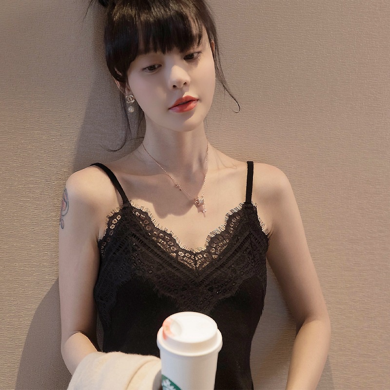 Áo Hai Dây Dệt Kim Cổ Chữ V Phối Ren Phong Cách Hàn Quốc Thời Trang Mùa Hè Tinh Tế Cho Nữ