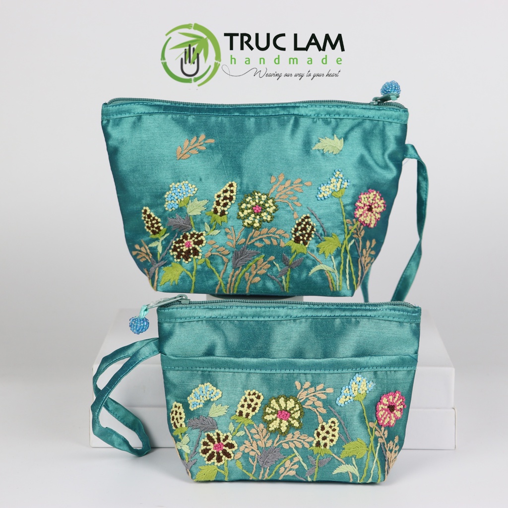 Ví Cầm Tay Nữ Vải Tafta Họa Tiết Hoa Cỏ Thêu Tay Set 2 Chiếc Thêu 2 Mặt - Trúc Lâm Handmade