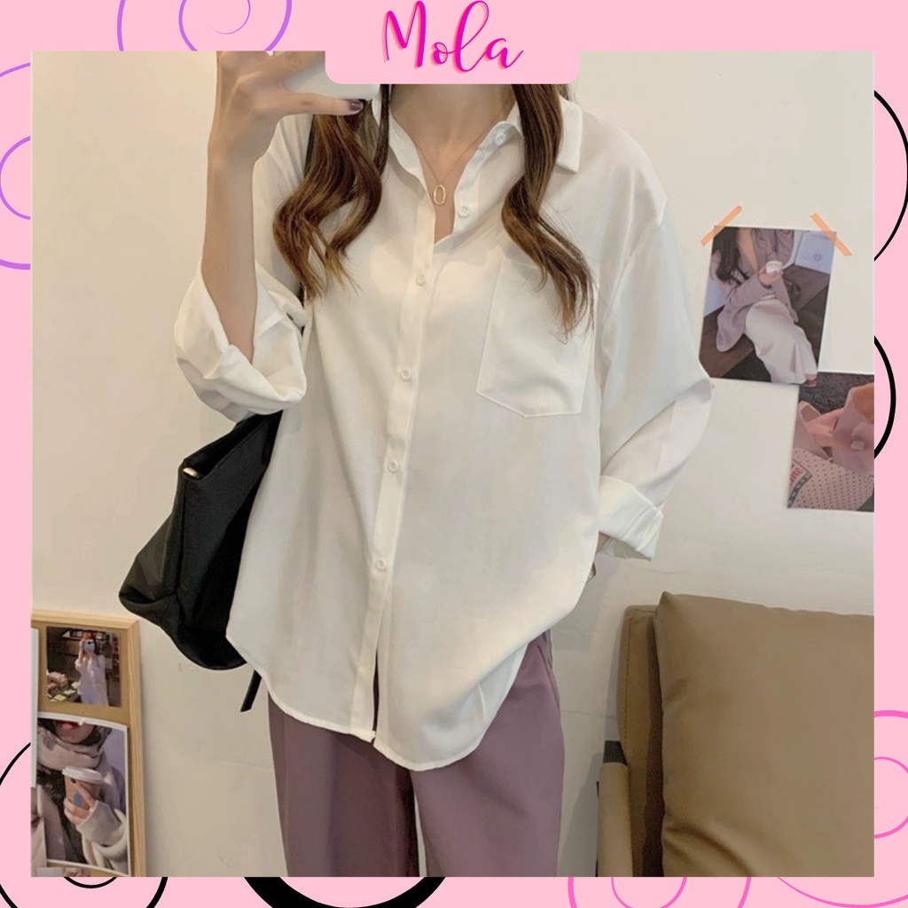 Áo Sơ Mi Form Rộng  MOLA  Màu Trắng Dáng Dài 1 Túi Kiểu Hàn Quốc Vintage Ulzzang Tiểu Thư Bánh Bèo Chất Đũi