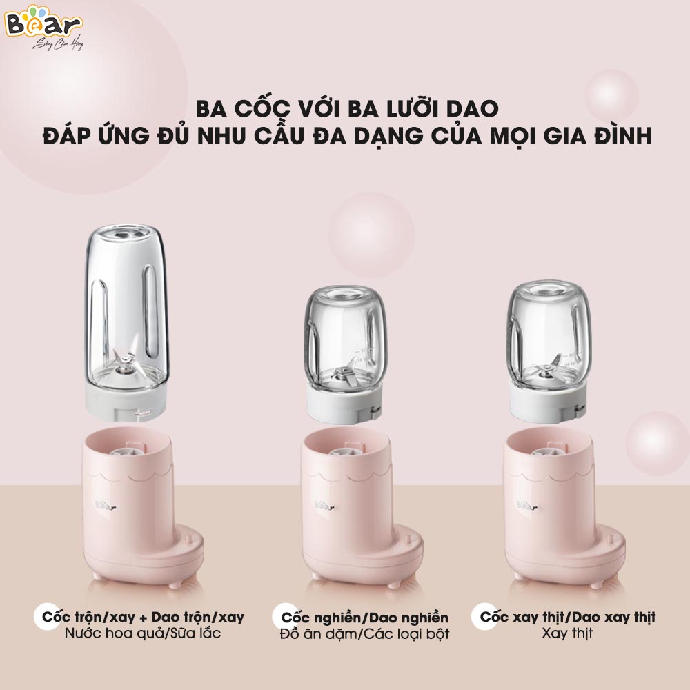 [Bear Chính Hãng]Máy xay ăn dặm 3 cối Bear GR-B03V1 hồng nhạt, công suất 200W, dung tích 300ml, 1600 vòng/phút tiện lợi.