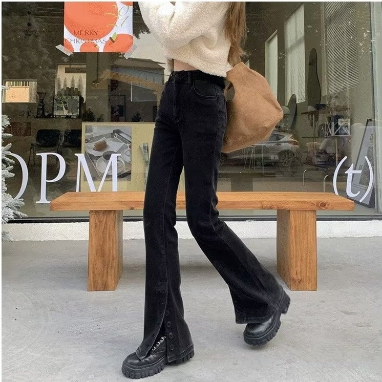 Quần jeans nữ Daduhey ống loe xẻ tà thời trang Hàn Quốc
