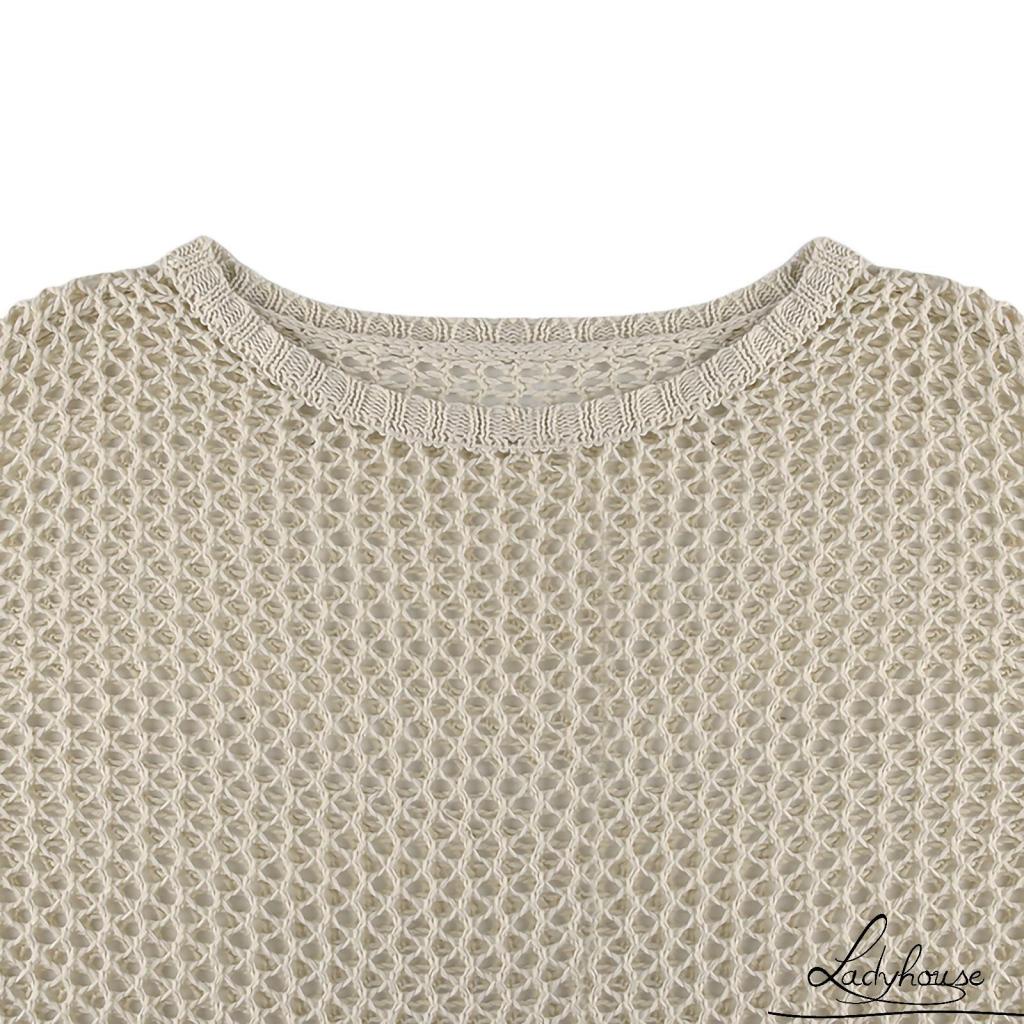 Áo Dệt Kim Tay Dài Cổ Tròn Dáng Rộng Thiết Kế Khoét Lỗ Thời Trang Cho Nữ