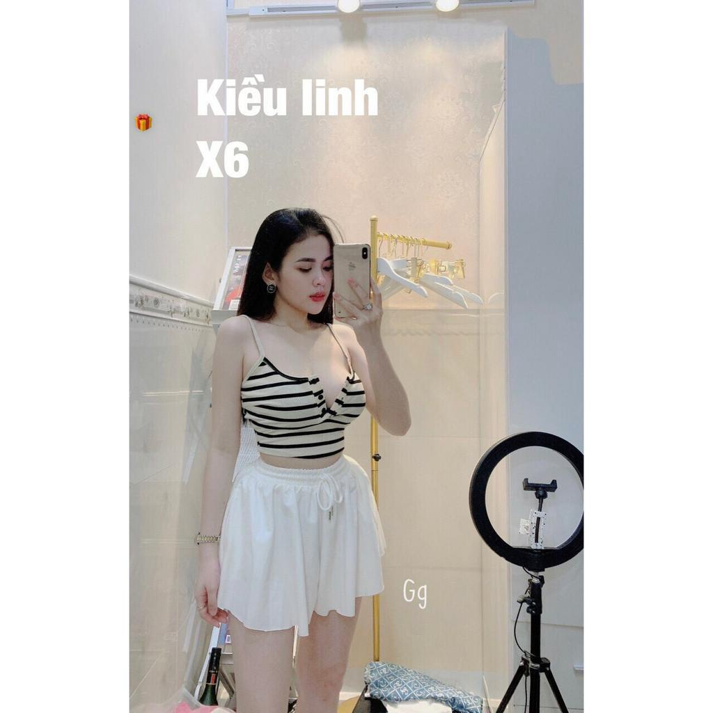 Set nữ mặc nhà đi chơi áo 2 dây dáng ngắn croptop sọc ngang mix quần đùi xòe chất thun gân xinh hot