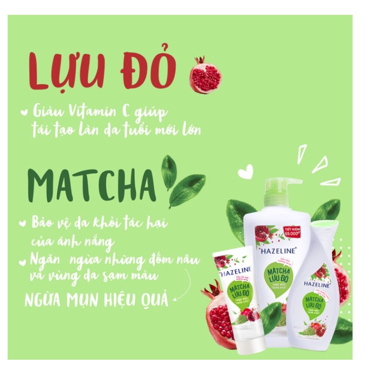 SỮA TẮM DƯỠNG SÁNG DA HAZELINE MATCHA LỰU ĐỎ CHAI 670g