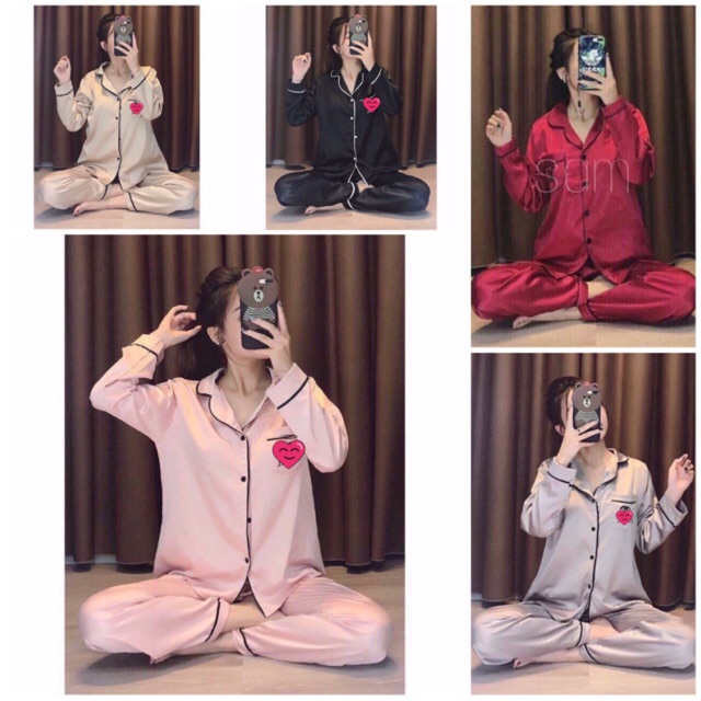 Bộ pijama phi lụa dài tay(kèm ảnh thật)
