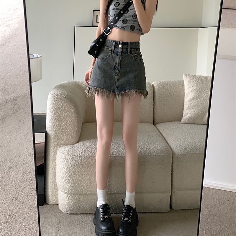 COZOK Chân váy jean Lưng Cao Thiết Kế Tua Rua Phong Cách Vintage