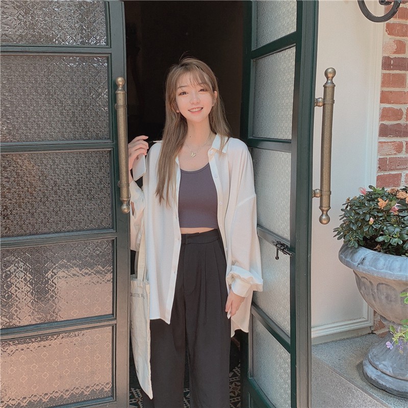 Áo sơ mi dài tay màu xanh dương phong cách Hồng Kông retro