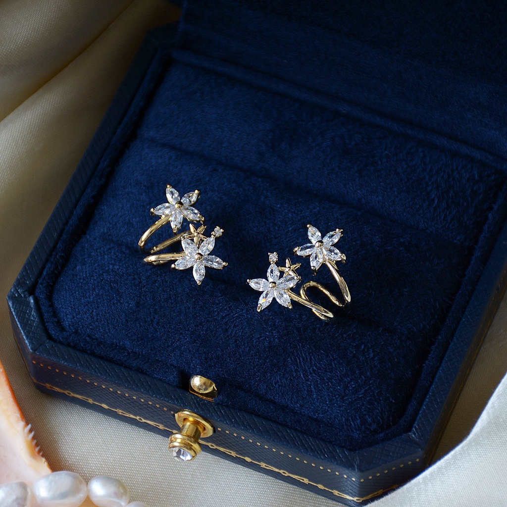 Bông tai mạ vàng 18k hình hoa đính đá zircon đơn giản thời trang cho nữ