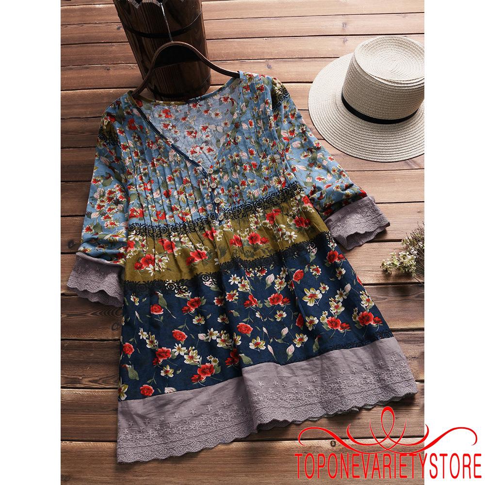 Áo nữ dáng dài ống loe cổ chữ V họa tiết phong cách Boho