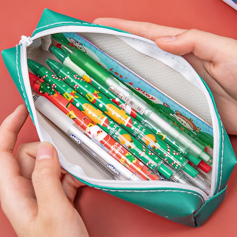 1 Túi Đựng Bút Bằng Da Pu In Họa Tiết Giáng Sinh Dễ Thương Sức Chứa Lớn