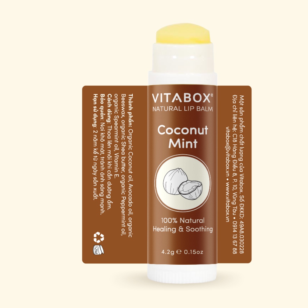 Son dưỡng không màu Coconut Mint VITABOX - 100% tự nhiên, dưỡng ẩm lâu không thâm môi