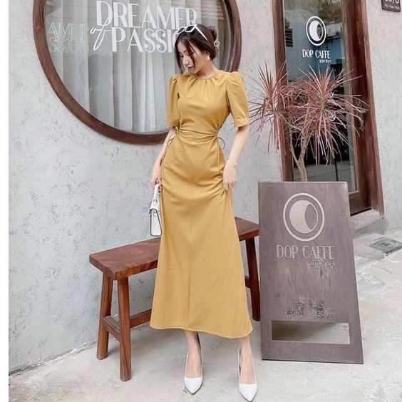 Đầm nữ midi dáng dài khoét eo cổ tròn rút eo Emilyshop hàng ulzzang