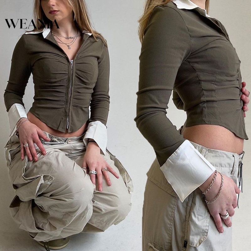 Áo Sơ Mi Dài Tay Phối Xếp Li Phong Cách Retro Dành Cho Nữ