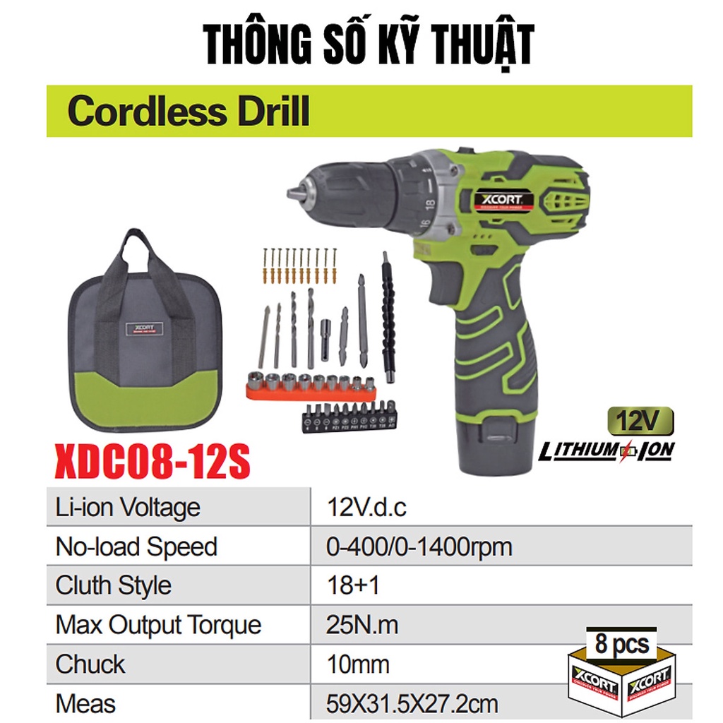 Máy khoan cầm tay - Máy khoan pin 12V XCORT Chính Hãng 2 PIN Kèm Phụ Kiện Và Túi Dụng Cụ