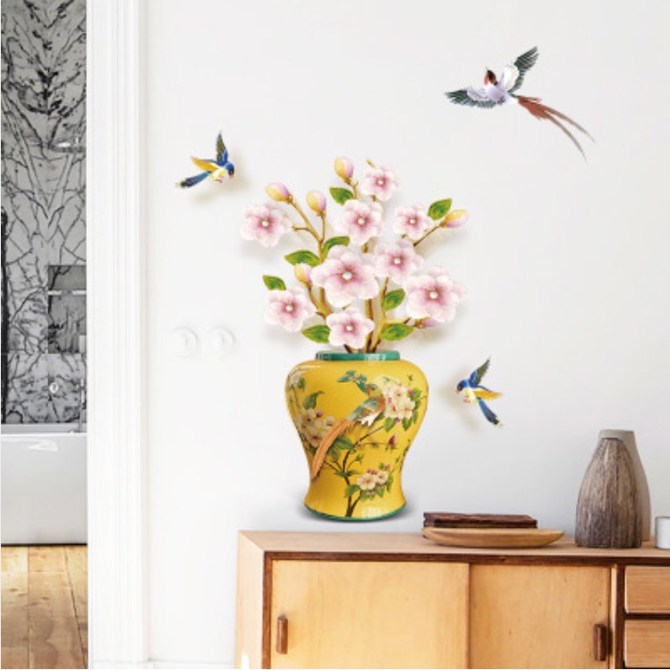 Decal trang trí tường - Chậu hoa vàng Hoa Mai hồng trắng nổi bật
