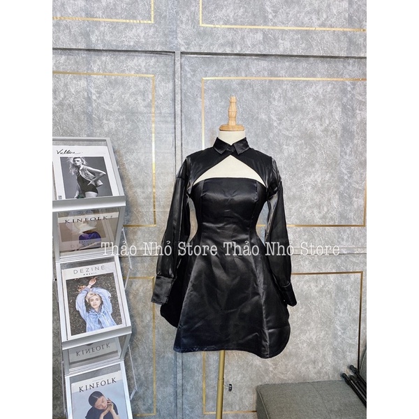 đầm váy khoét ngực form xoè đen tay dài (hàng sẵn )