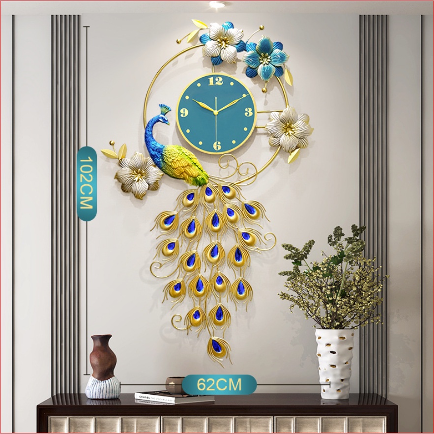 Đồng hồ treo tường decor chim công mã 2920 loại lớn sang trọng hiện đại phù hợp phòng khách, phòng ngủ