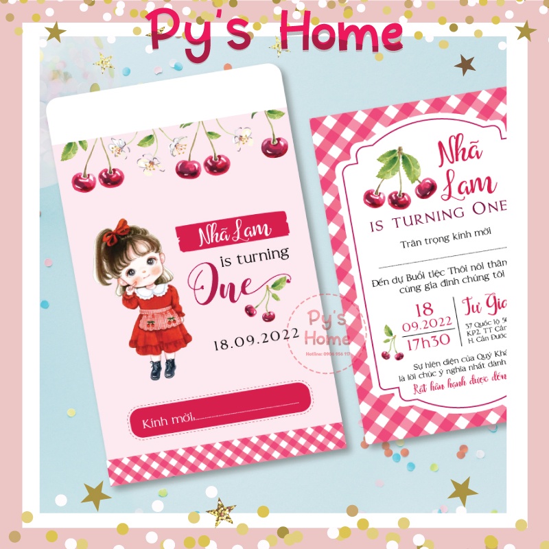 🍒 Thiệp Thôi Nôi - Sinh Nhật thiết kế cho Bé Gái - Chủ đề CHERRY