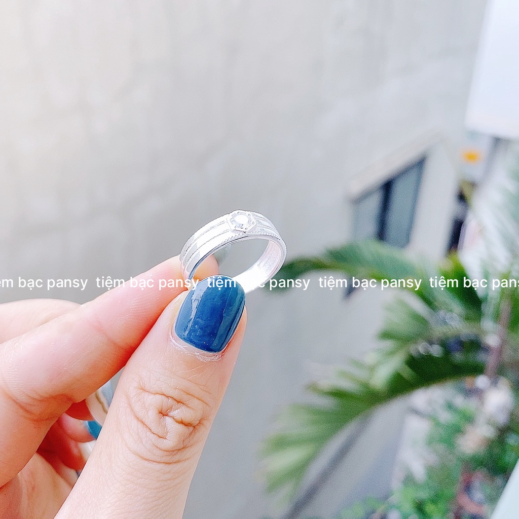 Nhẫn đôi bạc nam nữ PANSY khắc tên miễn phí, nhẫn cặp bạc nạm đá lấp lánh
