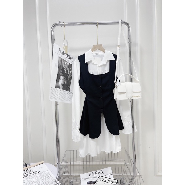 Set 2 món váy sơ mi tay bèo mix yếm gile siêu đẹp