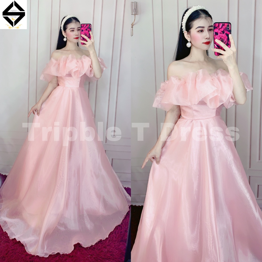 Đầm maxi voan kính nhún bèo bẹt vai TRIPBLE T DRESS - MS334V -size M/L