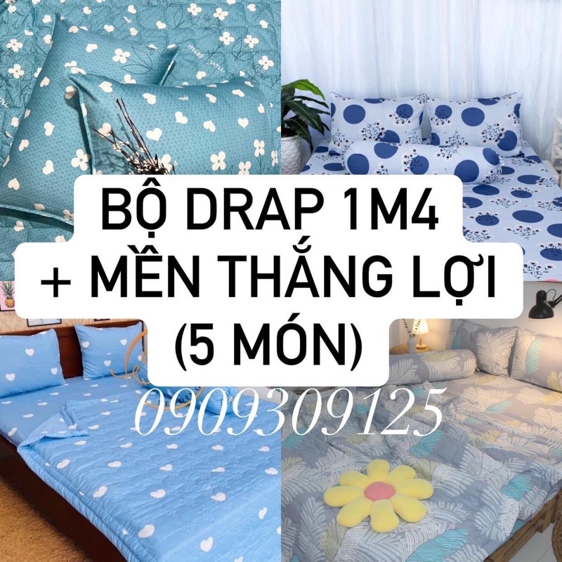 Bộ Drap 1m4 + mền Thắng lợi cao cấp chần gòn chuẩn logo thoáng mát (ga giường 5 món)