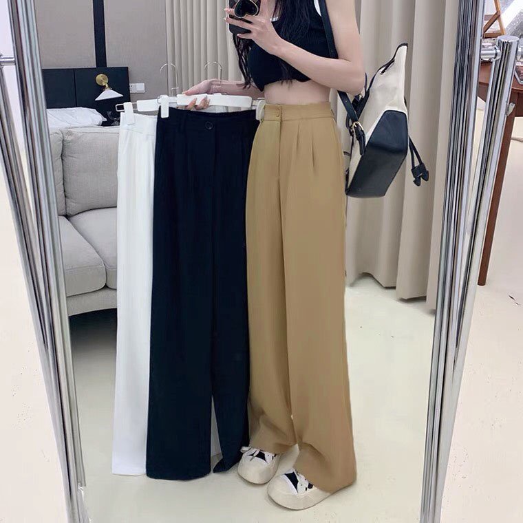 Quần ống rộng nữ cạp lưng cao 1 cúc dáng dài ống đứng , chất liệu co giãn nhẹ nhàng thích hợp đi học , đi làm MS: 1