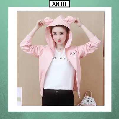 Áo khoác nữ 💚𝗙𝗥𝗘𝗘𝗦𝗛𝗜𝗣💚hoodie nữ hồng có mũ dù 2 lớp nón chống nắng, ấm áp mùa đông tai thỏ, tai mèo