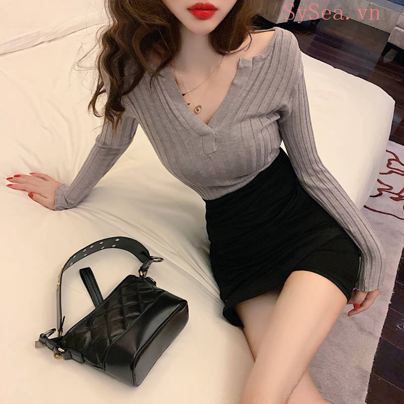 Áo Dệt Kim Nữ Tay Dài Cổ Chữ V Gợi Cảm