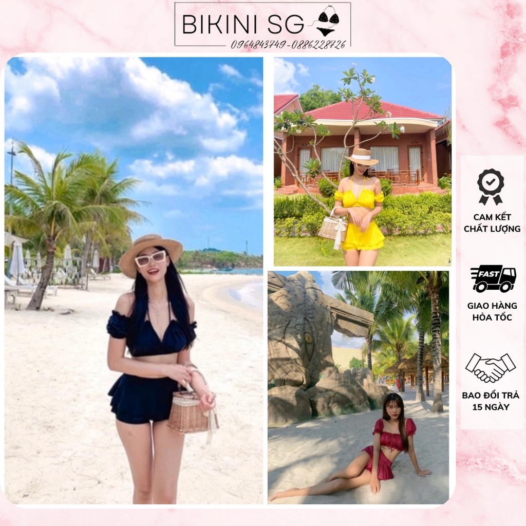 (hàng loại 1) Đồ bơi 2 mảnh áo croptop tay bồng kết hợp chân váy 2 tầng mẫu Hiền Hồ đủ màu đi biển dễ thương