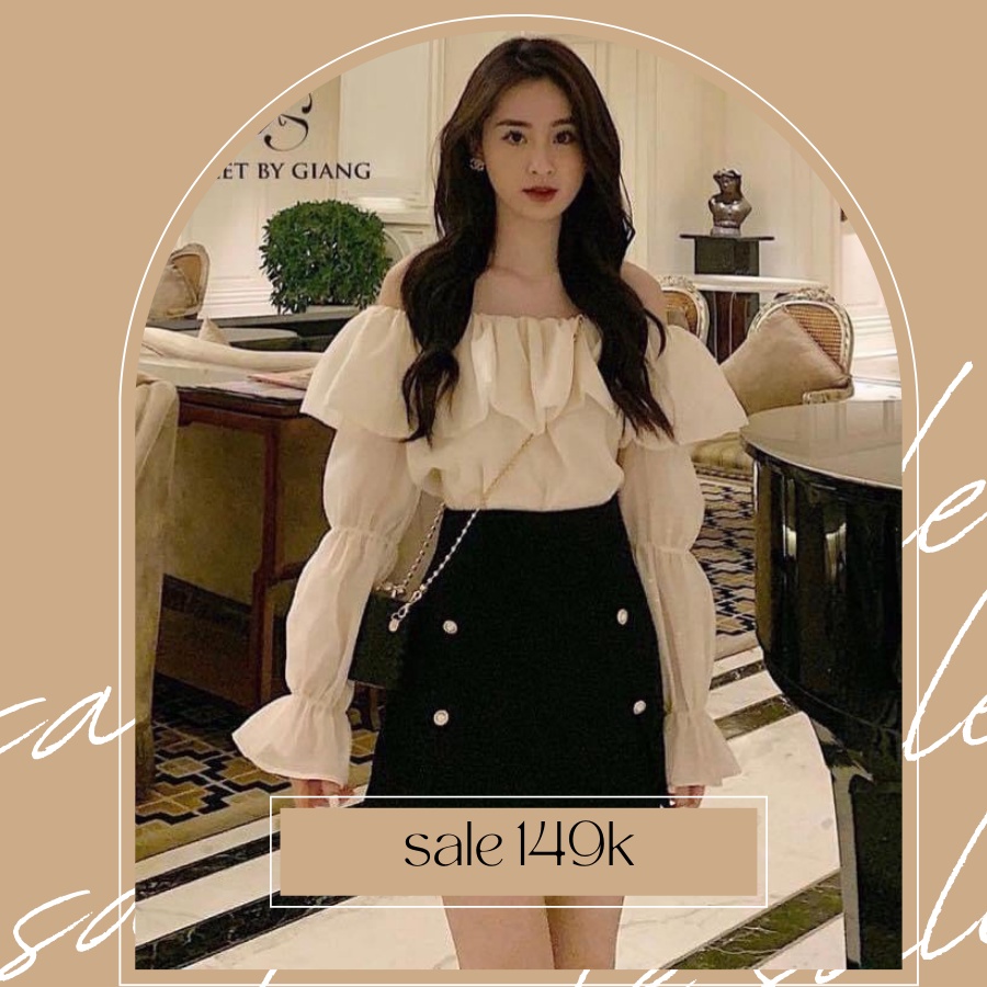 Áo trễ vai nữ chất organza xốp bèo ngực tay bo chun trắng, be thời trang nữ Alora