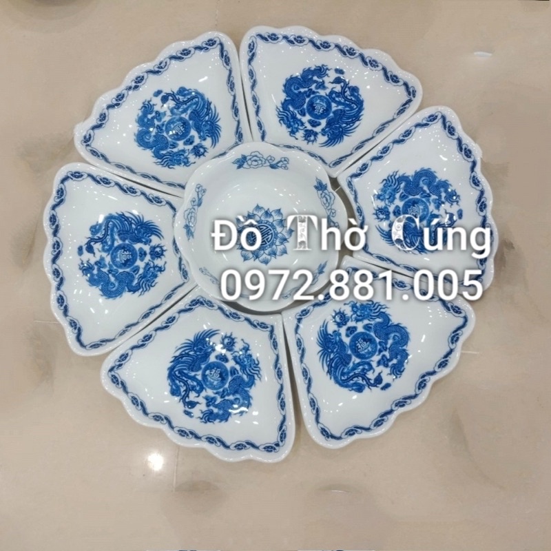 Bộ bát đĩa hoa mặt trời men lam bày cơm cúng ( Rồng phượng )
