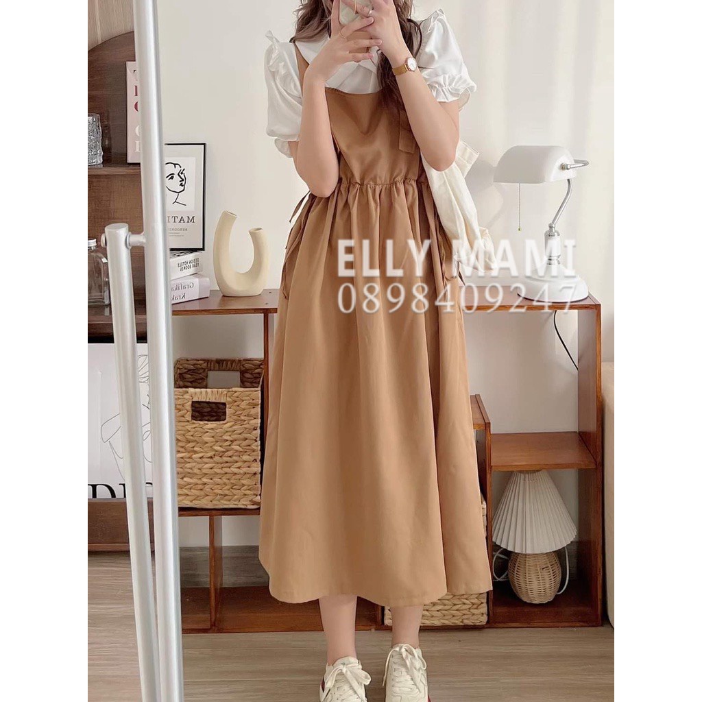 ( 40kg - 85kg ) Set Yếm Bầu , Suông Cúc Sơmi Tay Phồng From Dễ Mặc Thoải Mái Suốt Thai Kì &amp; Sau Sinh ( Yếm + Áo )