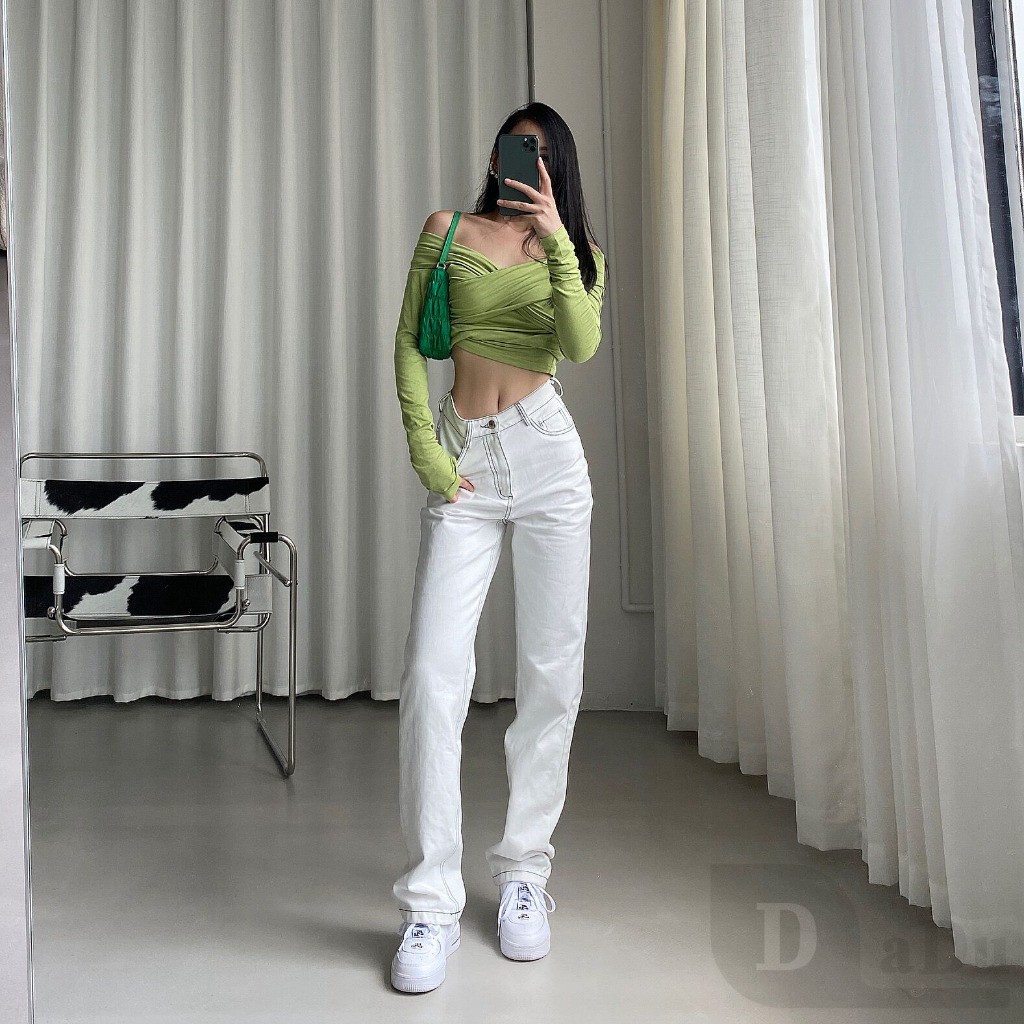 Daduhey Quần Jeans Dài Lưng Cao Ống Rộng Thời Trang Hàn Cá Tính Cho Nữ