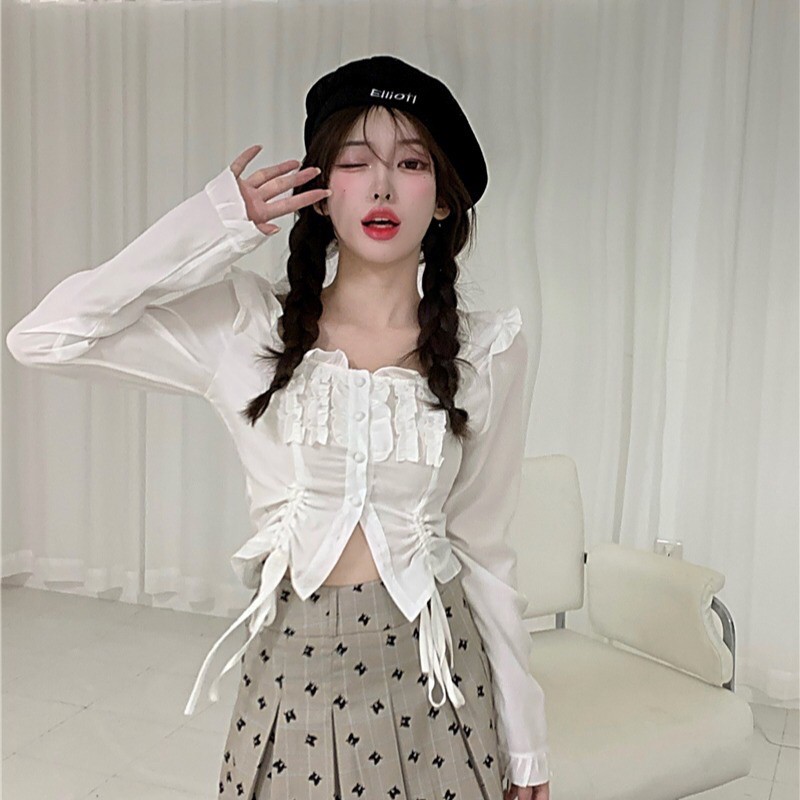 Sét áo sơ mi cổ tròn nút rút 2 bên thắt nơ dễ thương